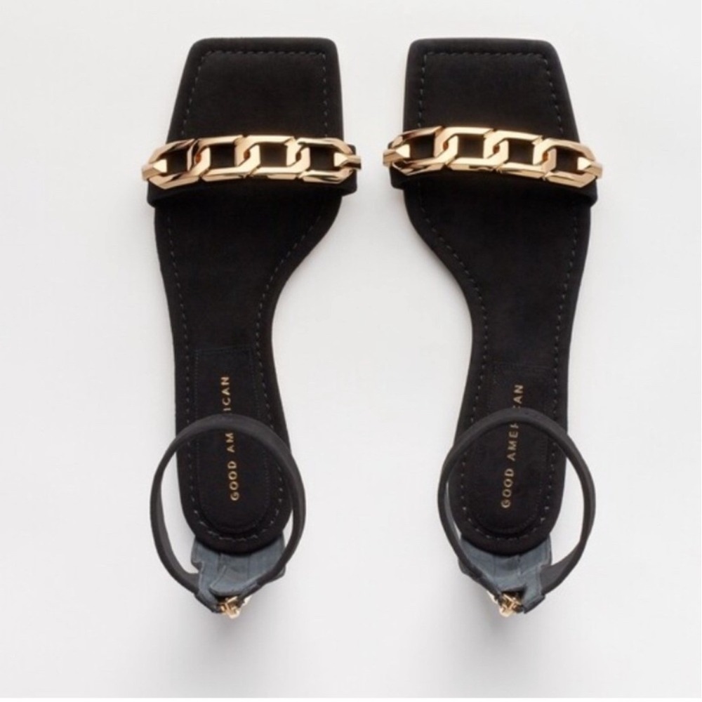 Good American Chain Ankle Wrap Flat Sandal‎ Womens 8.5 Black GA091S X NWOT